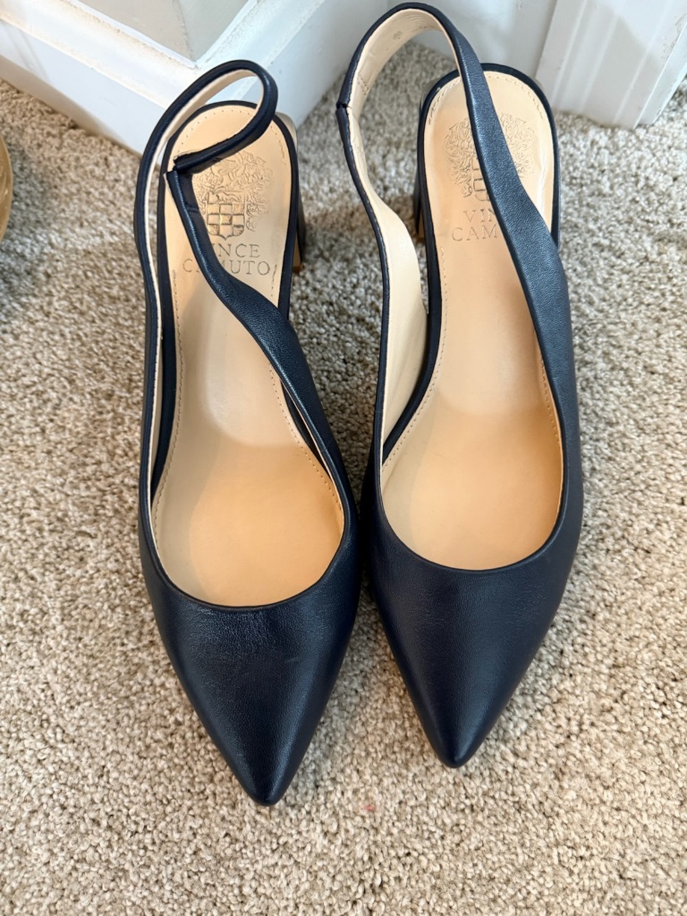 Vince Camuto Navy Leather Pointed-Toe Slingback Heels